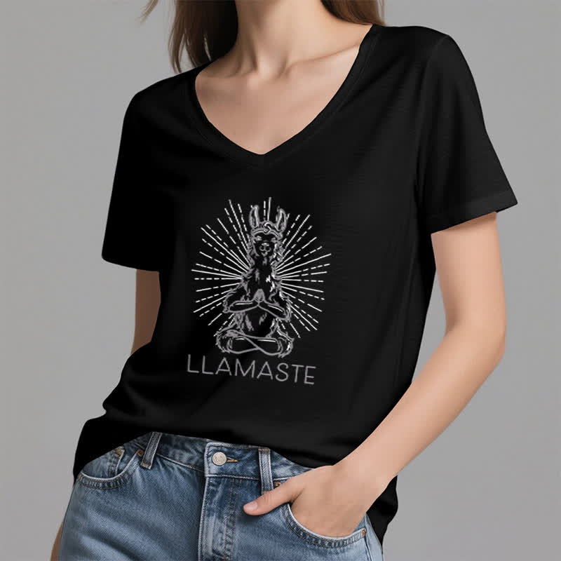 Olivenorma Funny Yoga Llama Namaste Workout V-Neck T-Shirt - image 12