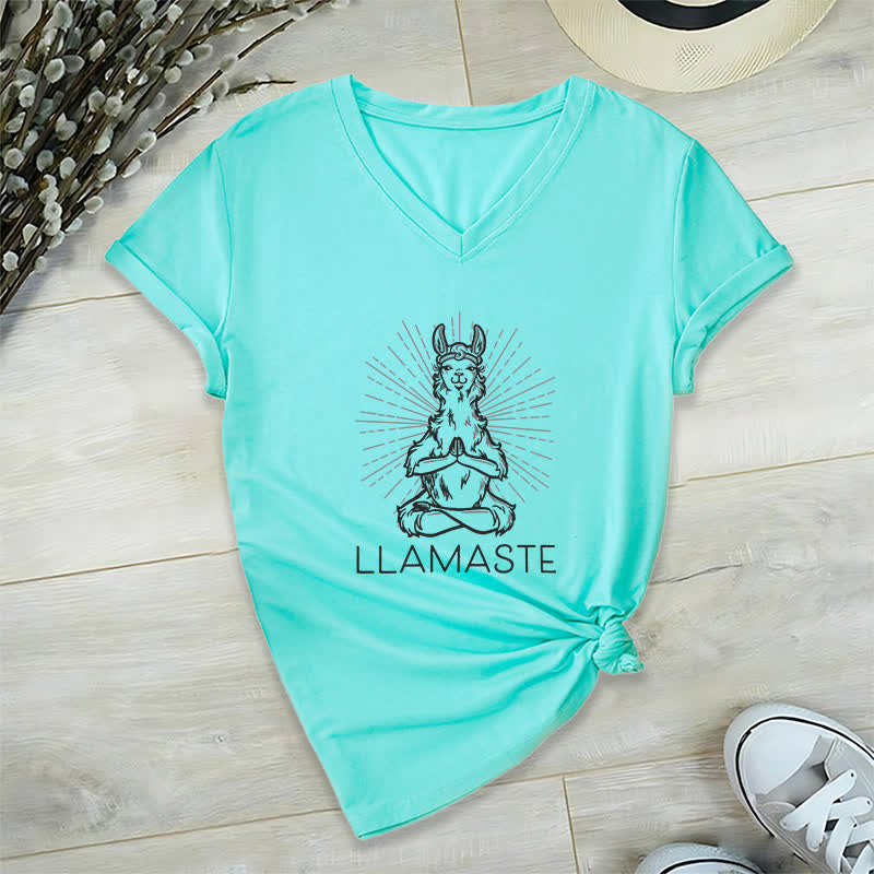 Olivenorma Funny Yoga Llama Namaste Workout V-Neck T-Shirt - Lake Blue - 2XL - image 23