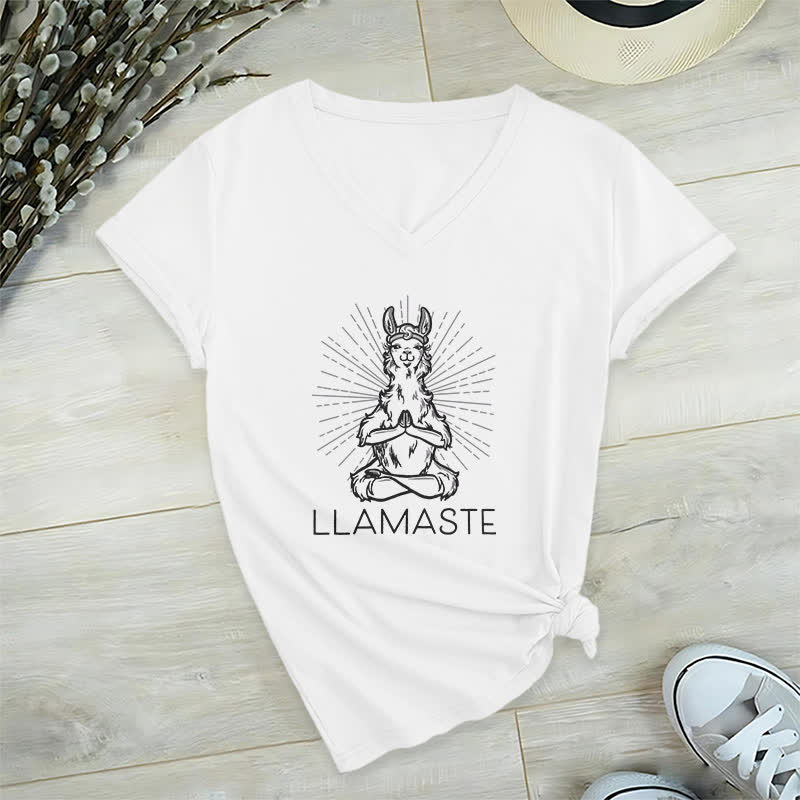 Olivenorma Funny Yoga Llama Namaste Workout V-Neck T-Shirt - White - 2XL - image 0