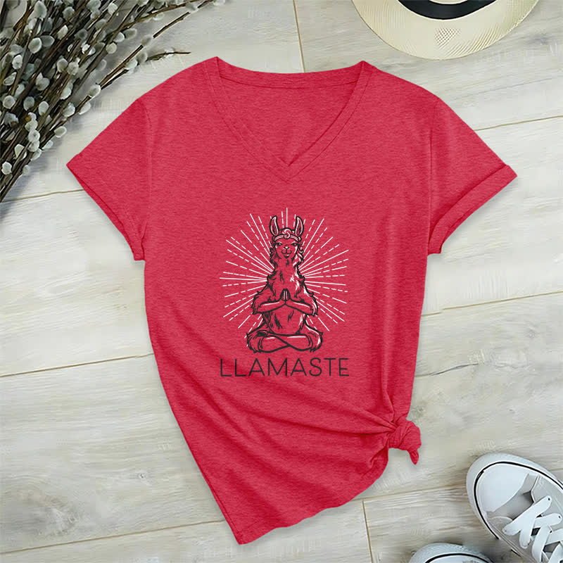 Olivenorma Funny Yoga Llama Namaste Workout V-Neck T-Shirt - Red - 2XL - image 13