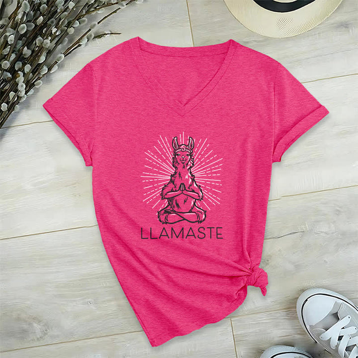 Olivenorma Funny Yoga Llama Namaste Workout V-Neck T-Shirt - Rose Red - 2XL - image 19