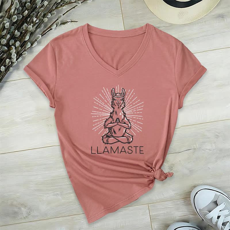 Olivenorma Funny Yoga Llama Namaste Workout V-Neck T-Shirt - Pink - 2XL - image 17
