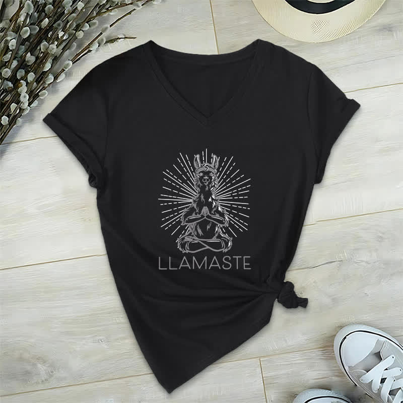 Olivenorma Funny Yoga Llama Namaste Workout V-Neck T-Shirt - Black - 2XL - image 11