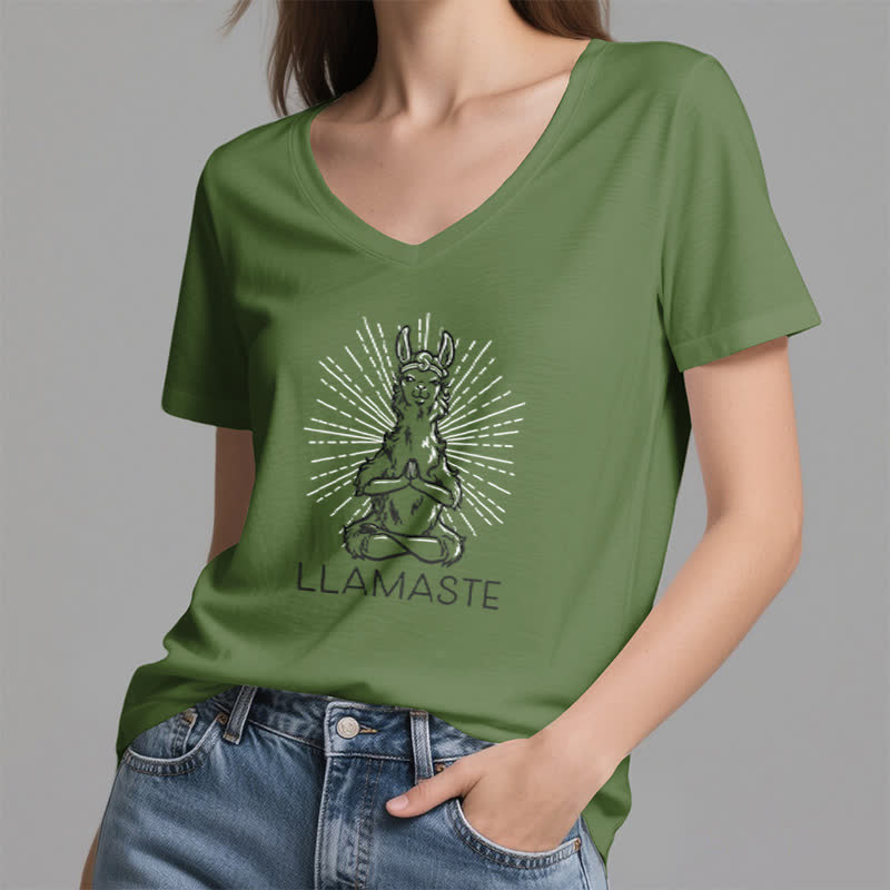 Olivenorma Funny Yoga Llama Namaste Workout V-Neck T-Shirt - image 8