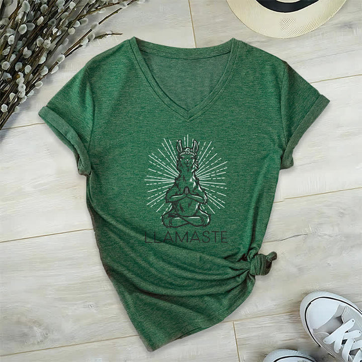 Olivenorma Funny Yoga Llama Namaste Workout V-Neck T-Shirt - Dark Green - 2XL - image 5