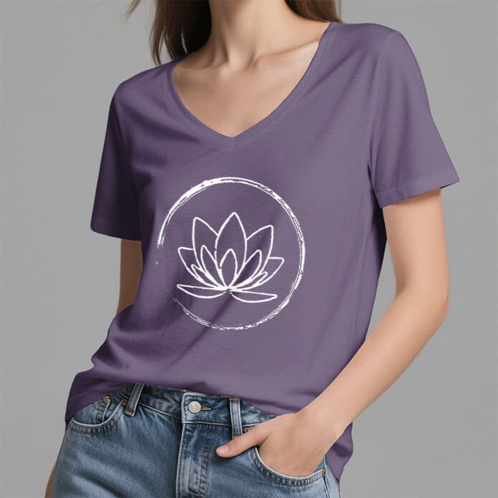 Olivenorma Boho Lotus Flower Loose V-Neck T-Shirt - image 25
