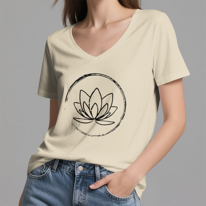 Olivenorma Boho Lotus Flower Loose V-Neck T-Shirt - image 21