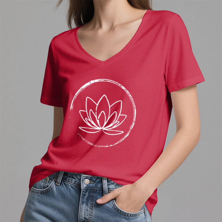 Olivenorma Boho Lotus Flower Loose V-Neck T-Shirt - image 15