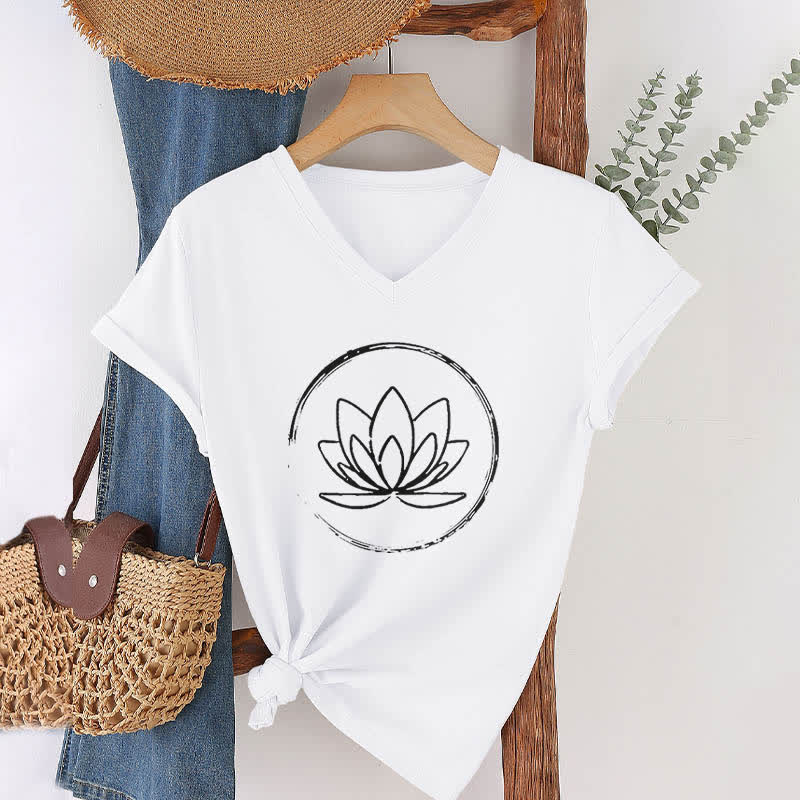 Olivenorma Boho Lotus Flower Loose V-Neck T-Shirt - White - 2XL - image 2