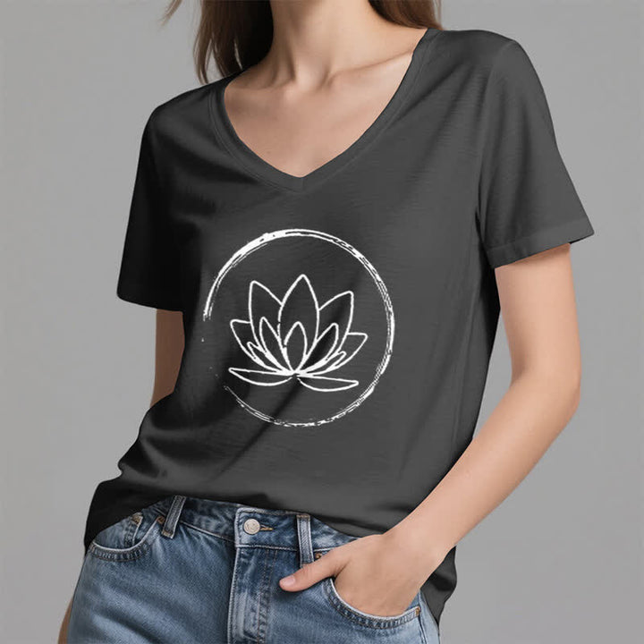 Olivenorma Boho Lotus Flower Loose V-Neck T-Shirt - image 11