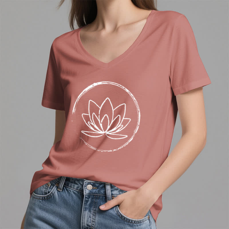 Olivenorma Boho Lotus Flower Loose V-Neck T-Shirt - image 1
