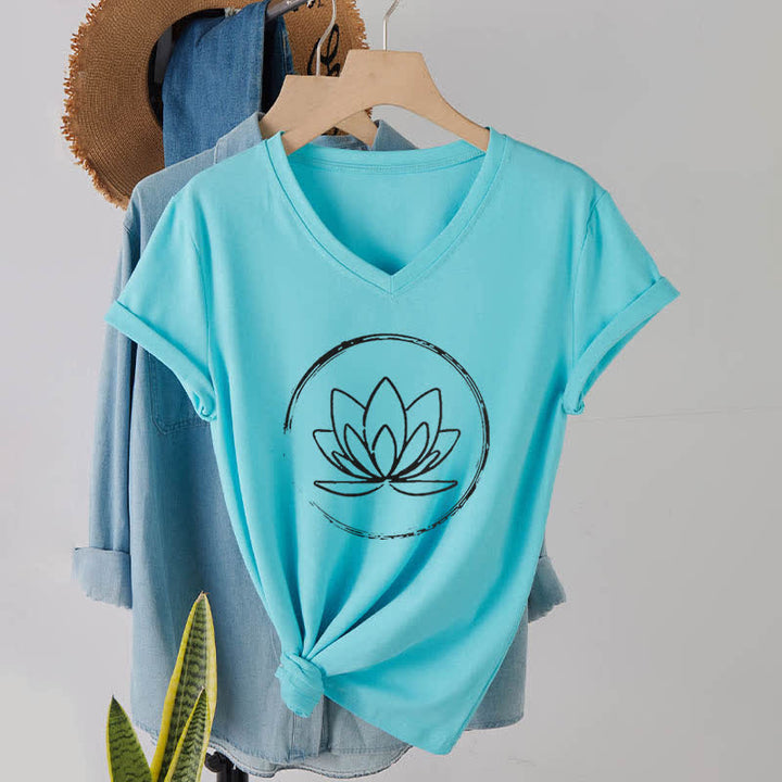 Olivenorma Boho Lotus Flower Loose V-Neck T-Shirt - Lake Blue - 2XL - image 22