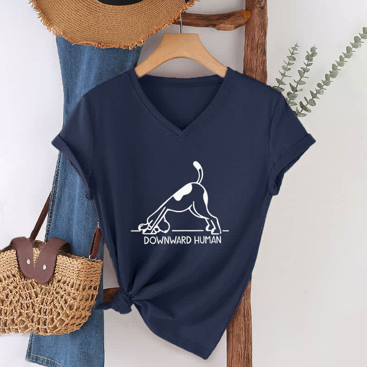 Olivenorma Downward-Facing Dog Yoga V-Neck T-Shirt - Navy Blue - 2XL - image 4