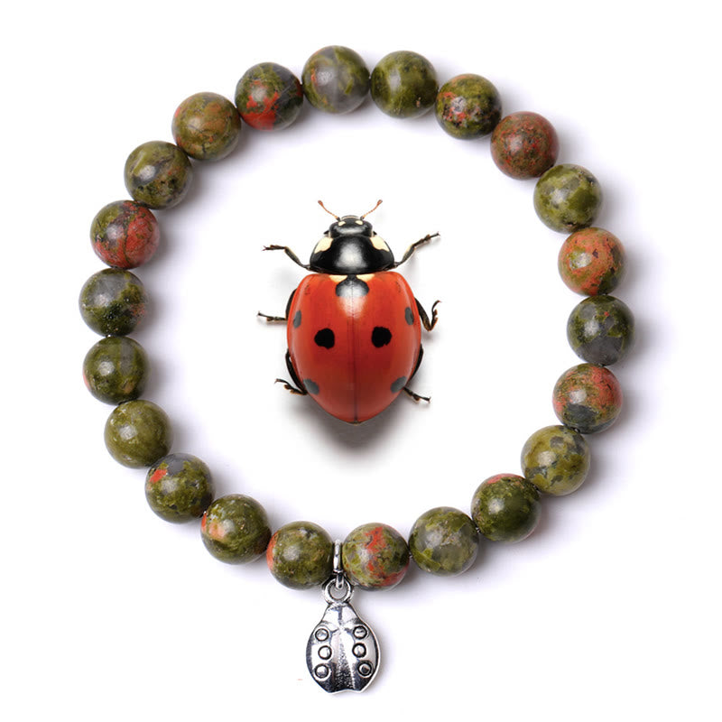 Olivenorma Lucky 7 Ladybug Charm Gemstone Bracelet - Unakite - image 0