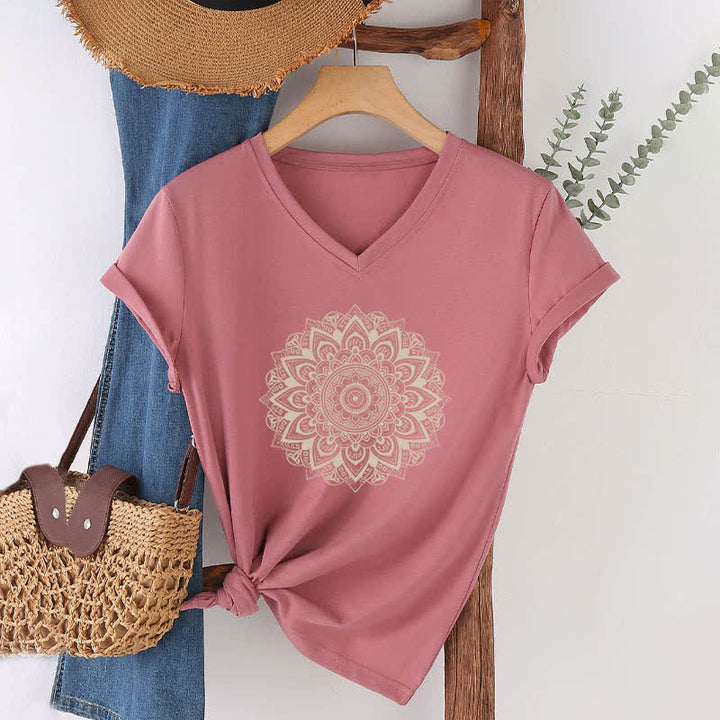 Olivenorma Lotus Flower Geometric Pattern Yoga V-Neck T-Shirt - Pink - 2XL - image 8