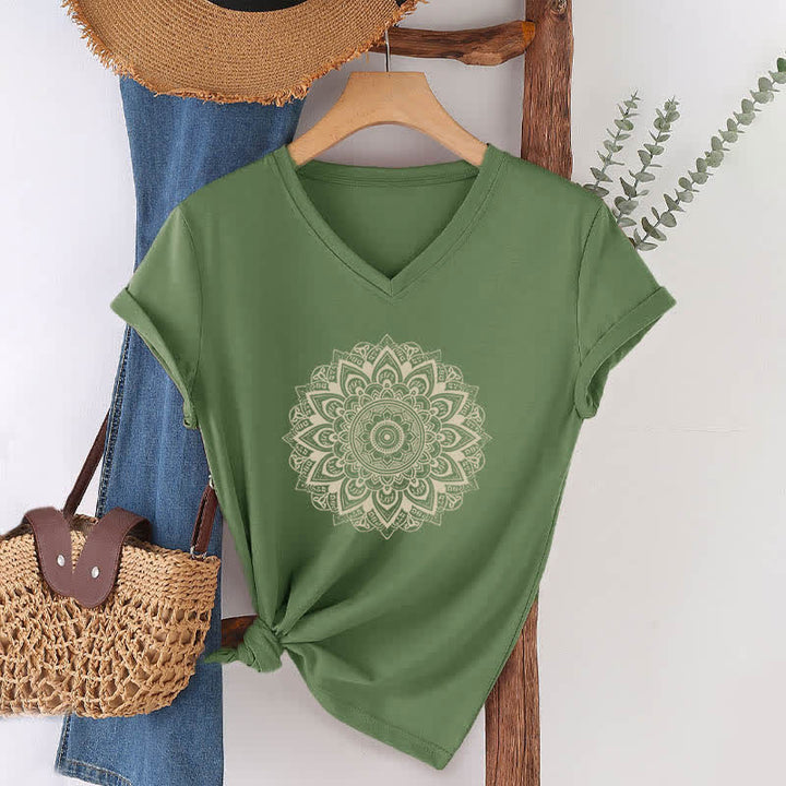 Olivenorma Lotus Flower Geometric Pattern Yoga V-Neck T-Shirt - Olive Green - 2XL - image 4