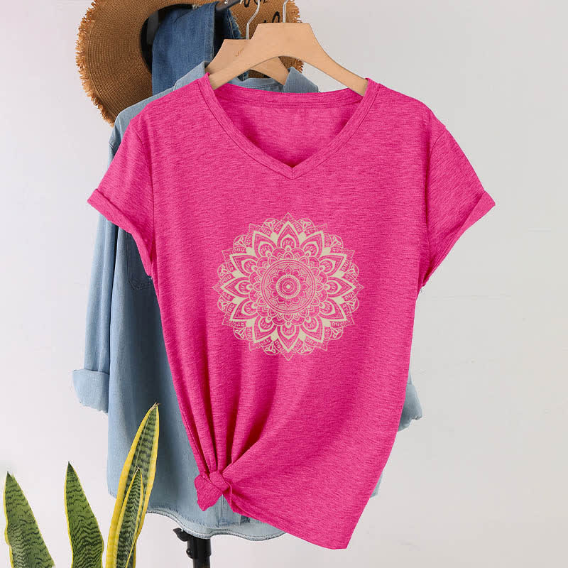 Olivenorma Lotus Flower Geometric Pattern Yoga V-Neck T-Shirt - Rose Red - 2XL - image 10