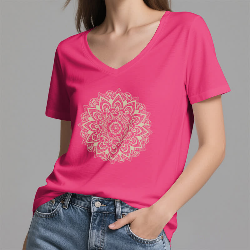 Olivenorma Lotus Flower Geometric Pattern Yoga V-Neck T-Shirt - image 17