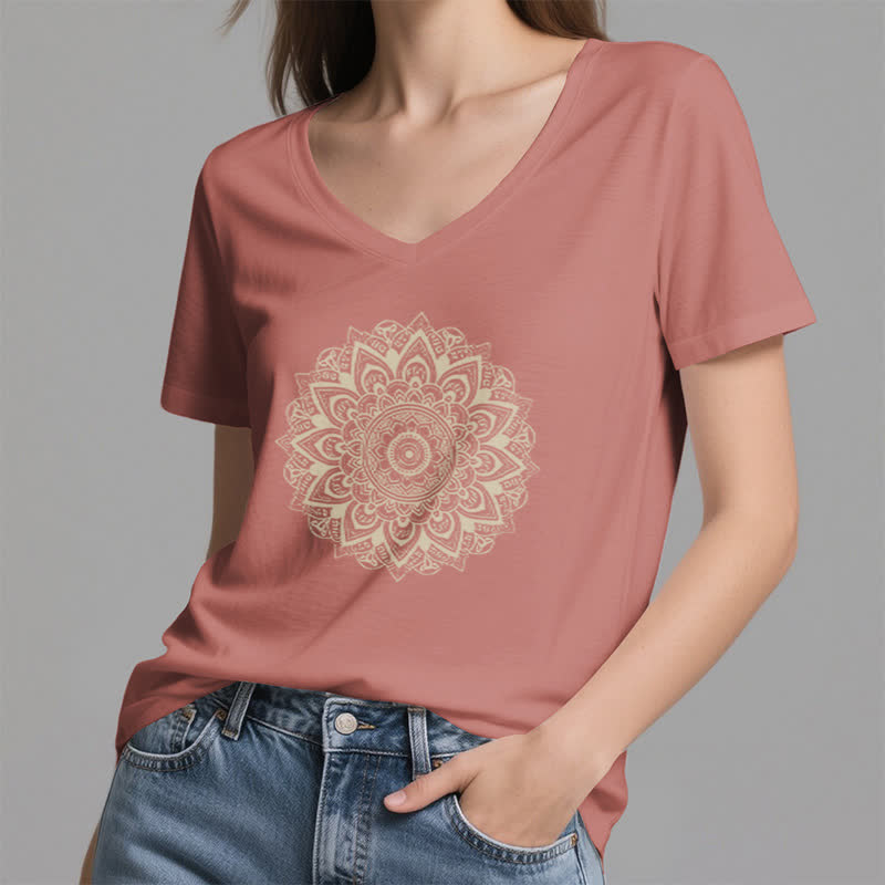 Olivenorma Lotus Flower Geometric Pattern Yoga V-Neck T-Shirt - image 17