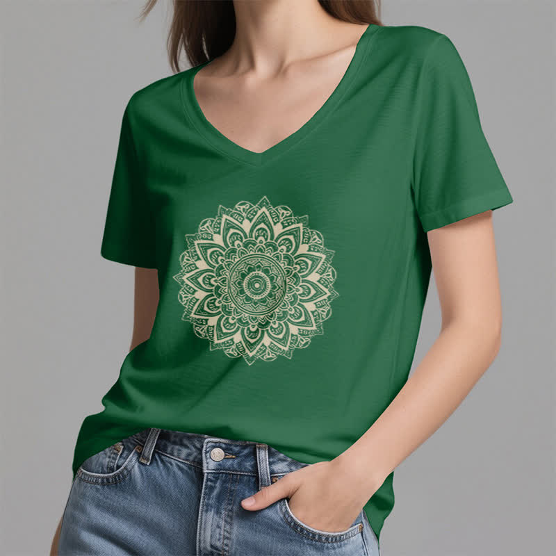 Olivenorma Lotus Flower Geometric Pattern Yoga V-Neck T-Shirt - image 18