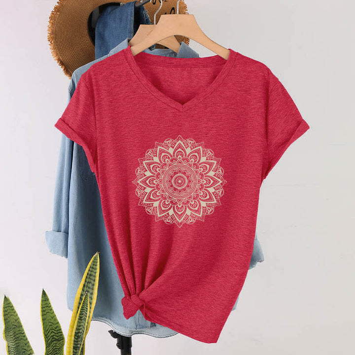 Olivenorma Lotus Flower Geometric Pattern Yoga V-Neck T-Shirt - Red - 2XL - image 0