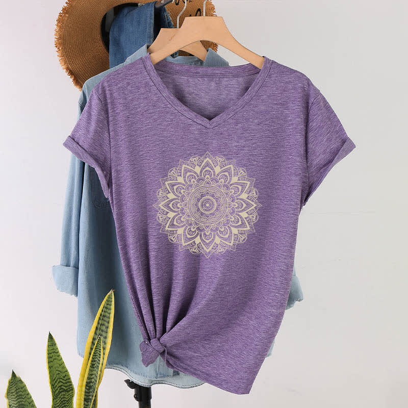 Olivenorma Lotus Flower Geometric Pattern Yoga V-Neck T-Shirt - Purple - 2XL - image 12