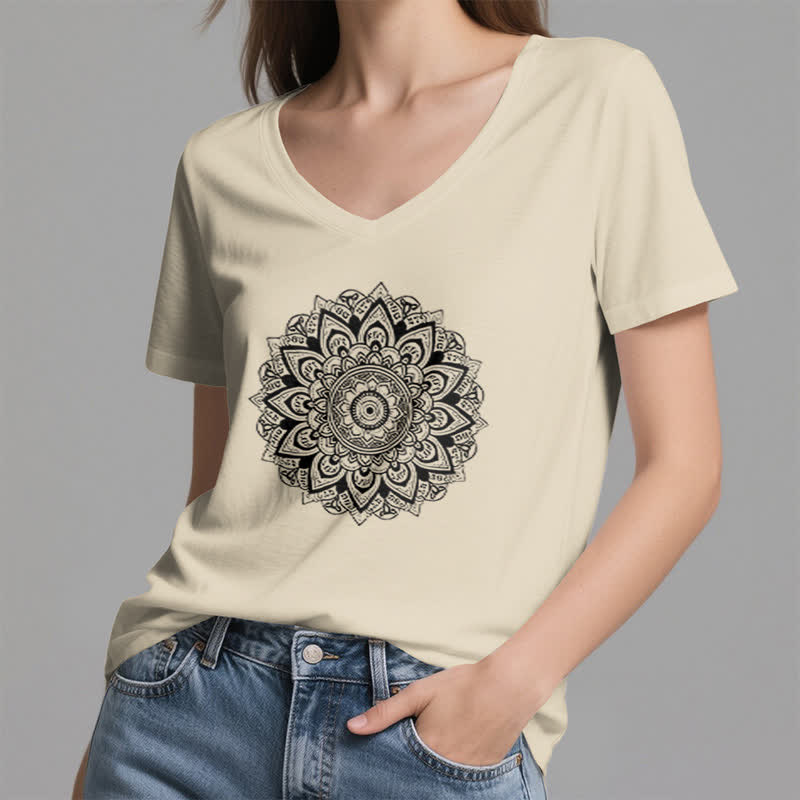 Olivenorma Lotus Flower Geometric Pattern Yoga V-Neck T-Shirt - image 20