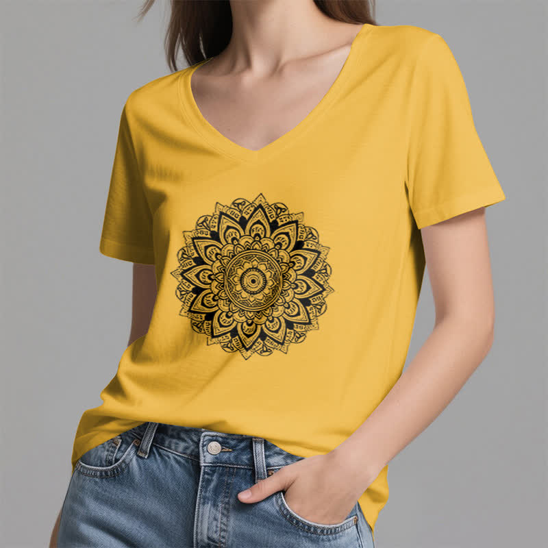 Olivenorma Lotus Flower Geometric Pattern Yoga V-Neck T-Shirt - image 19