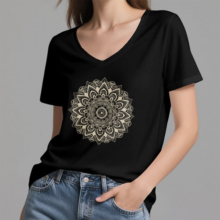 Olivenorma Lotus Flower Geometric Pattern Yoga V-Neck T-Shirt - image 14