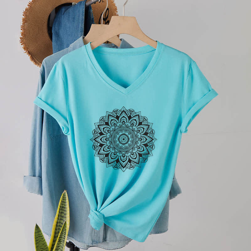 Olivenorma Lotus Flower Geometric Pattern Yoga V-Neck T-Shirt - Lake Blue - 2XL - image 12