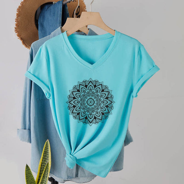 Olivenorma Lotus Flower Geometric Pattern Yoga V-Neck T-Shirt - Lake Blue - 2XL - image 12