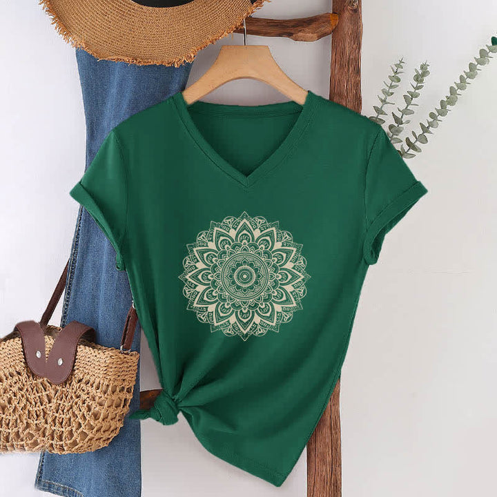 Olivenorma Lotus Flower Geometric Pattern Yoga V-Neck T-Shirt - Dark Green - 2XL - image 3