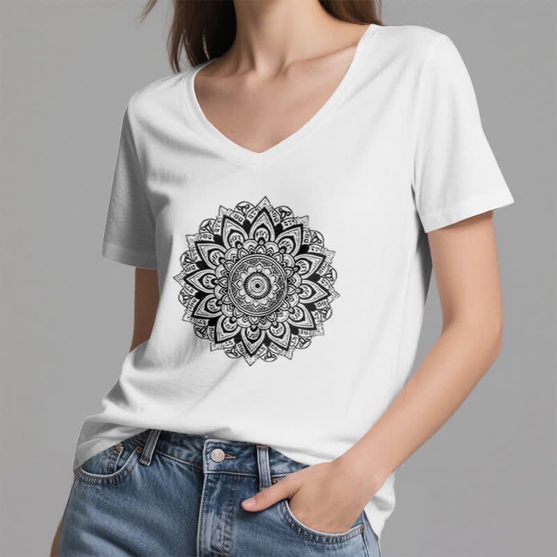 Olivenorma Lotus Flower Geometric Pattern Yoga V-Neck T-Shirt - image 25