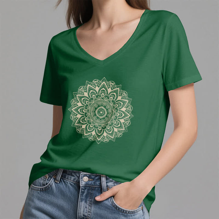 Olivenorma Lotus Flower Geometric Pattern Yoga V-Neck T-Shirt - image 19