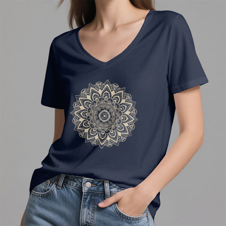 Olivenorma Lotus Flower Geometric Pattern Yoga V-Neck T-Shirt - image 23