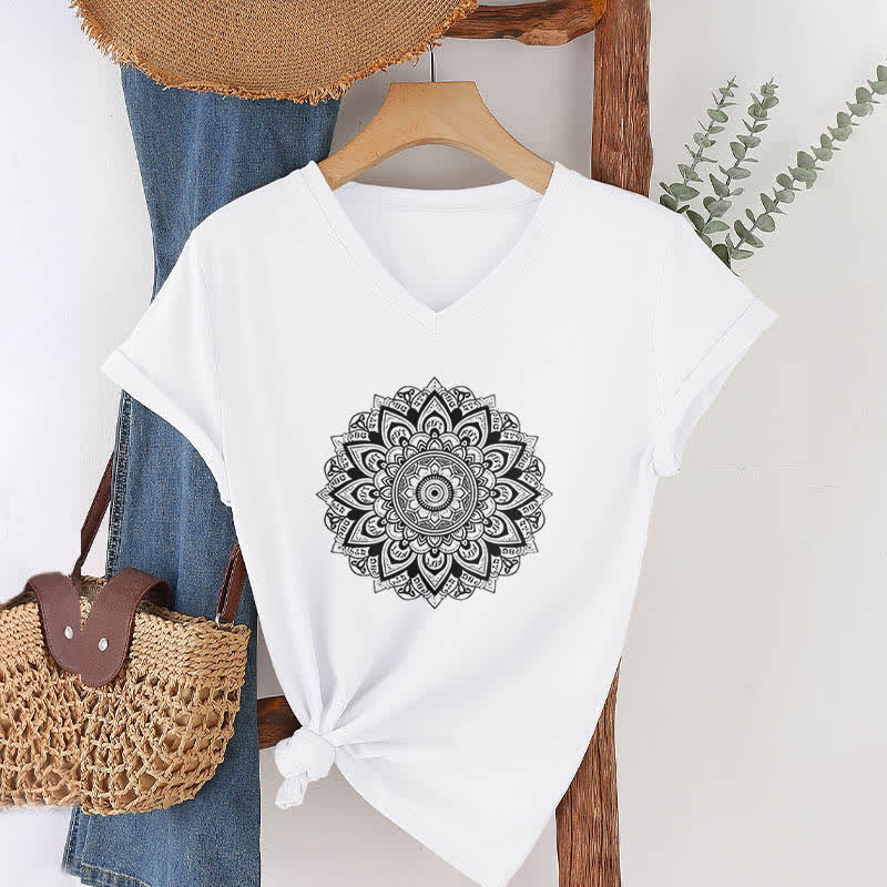 Olivenorma Lotus Flower Geometric Pattern Yoga V-Neck T-Shirt - White - 2XL - image 1