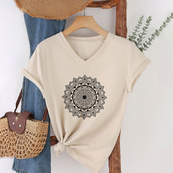 Olivenorma Mandala Lotus Boho Flower Yoga V-Neck T-Shirt - Khaki - 2XL - image 20