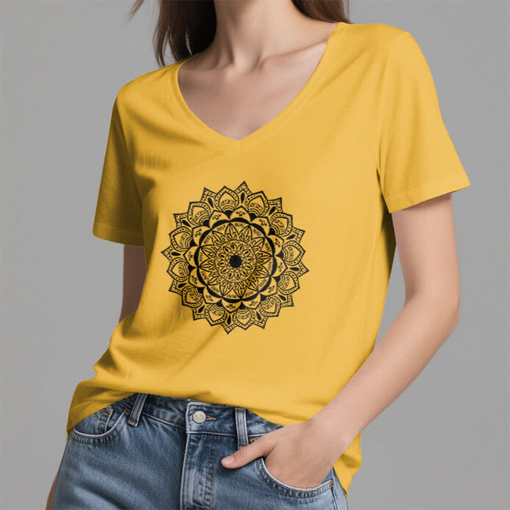 Olivenorma Mandala Lotus Boho Flower Yoga V-Neck T-Shirt - image 15
