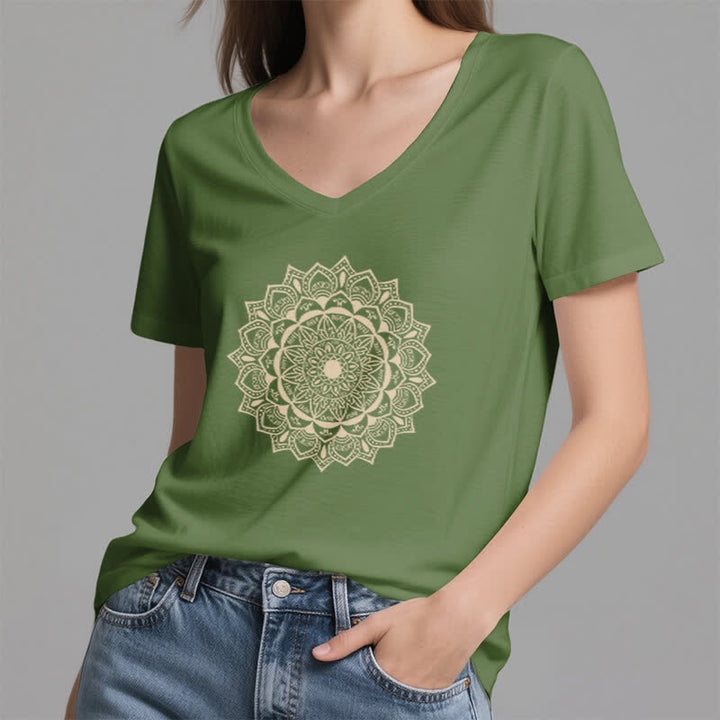 Olivenorma Mandala Lotus Boho Flower Yoga V-Neck T-Shirt - image 9