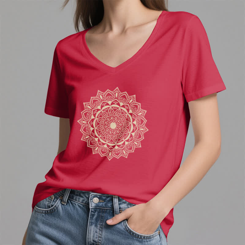 Olivenorma Mandala Lotus Boho Flower Yoga V-Neck T-Shirt - image 13