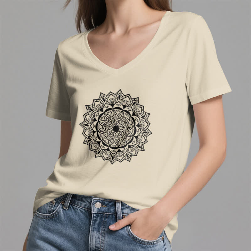 Olivenorma Mandala Lotus Boho Flower Yoga V-Neck T-Shirt - image 21
