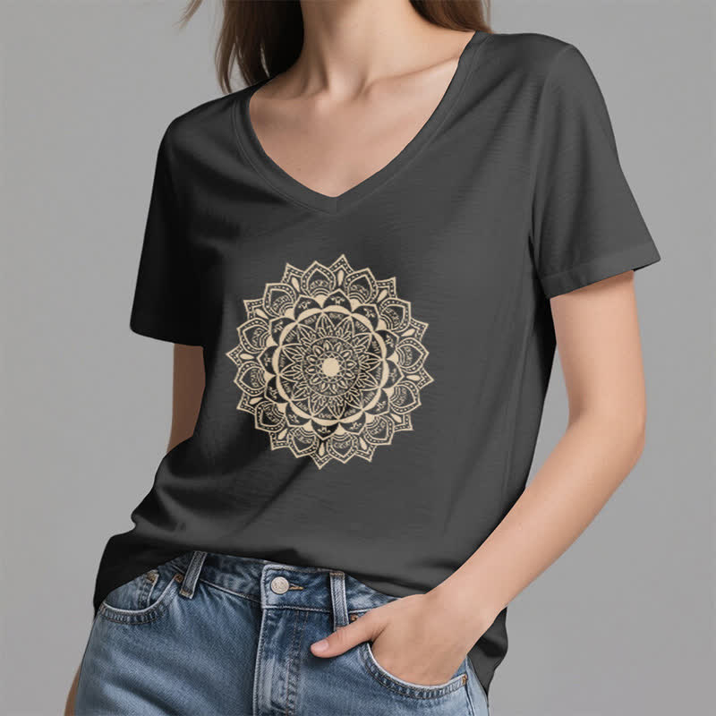 Olivenorma Mandala Lotus Boho Flower Yoga V-Neck T-Shirt - image 1