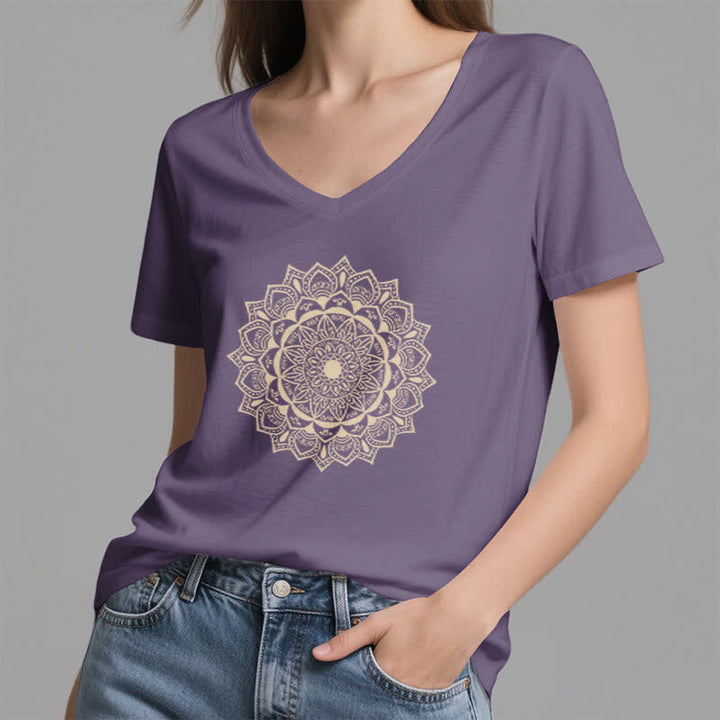 Olivenorma Mandala Lotus Boho Flower Yoga V-Neck T-Shirt - image 25