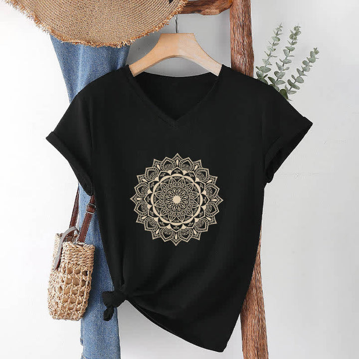 Olivenorma Mandala Lotus Boho Flower Yoga V-Neck T-Shirt - Black - 2XL - image 10