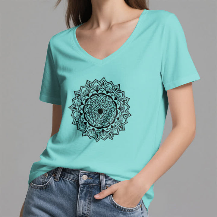 Olivenorma Mandala Lotus Boho Flower Yoga V-Neck T-Shirt - image 23