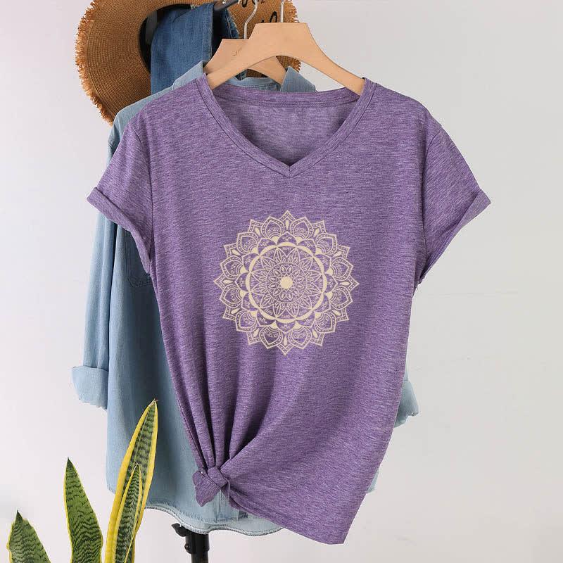 Olivenorma Mandala Lotus Boho Flower Yoga V-Neck T-Shirt - Purple - 2XL - image 24