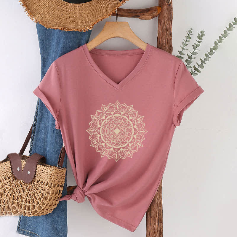 Olivenorma Mandala Lotus Boho Flower Yoga V-Neck T-Shirt - Pink - 2XL - image 16