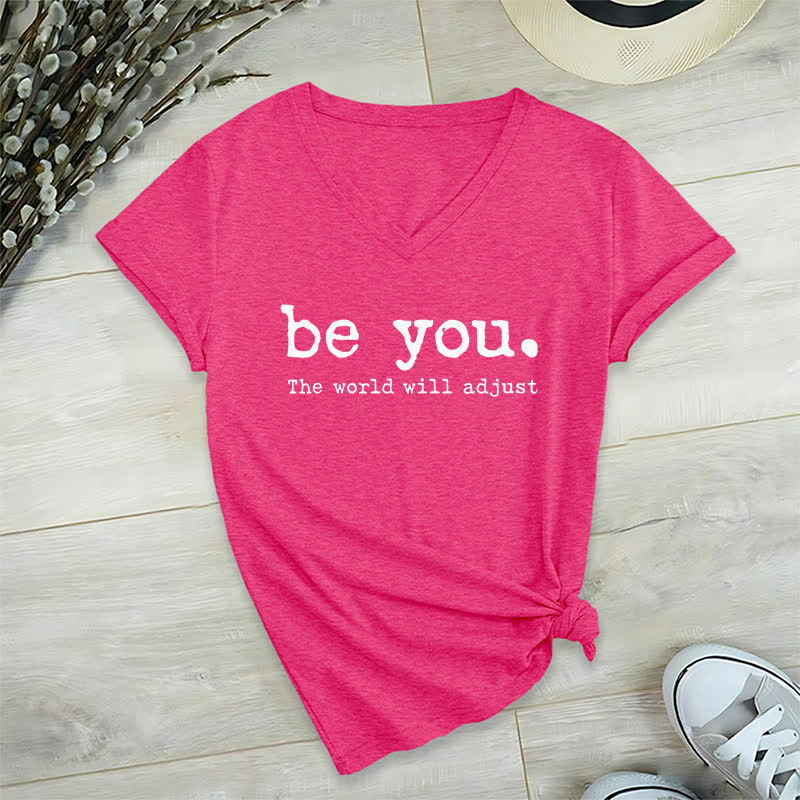 Olivenorma "Be You The World Will Adjust" V-Neck T-Shirt - Rose Red - 2XL - image 18
