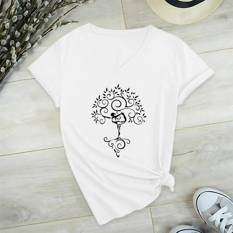 Olivenorma Yoga Tree Pose V-Neck T-Shirt - White - 2XL - image 4