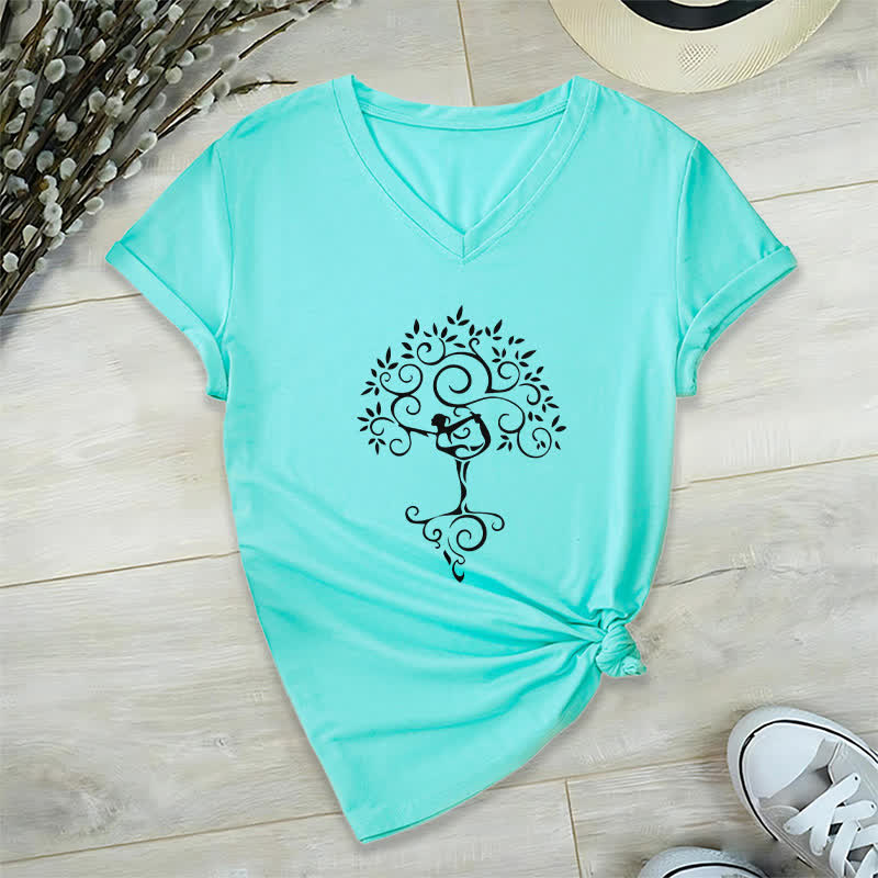 Olivenorma Yoga Tree Pose V-Neck T-Shirt - Lake Blue - 2XL - image 12